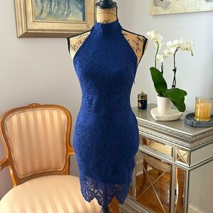 FOR LOVE And LEMONS Designer blue lace halter dress XS S 2 spring cocktail